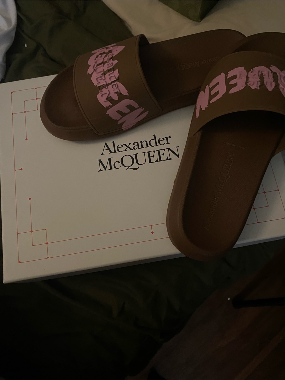 Alexander McQueen Brown Slides with Pink Logo